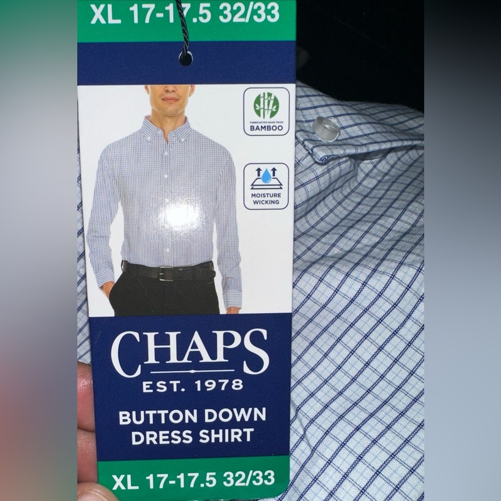 NEW Chaps Men's XL Button Down Dress Shirt 17-17.5 34/35 Stretch Blue Gingham